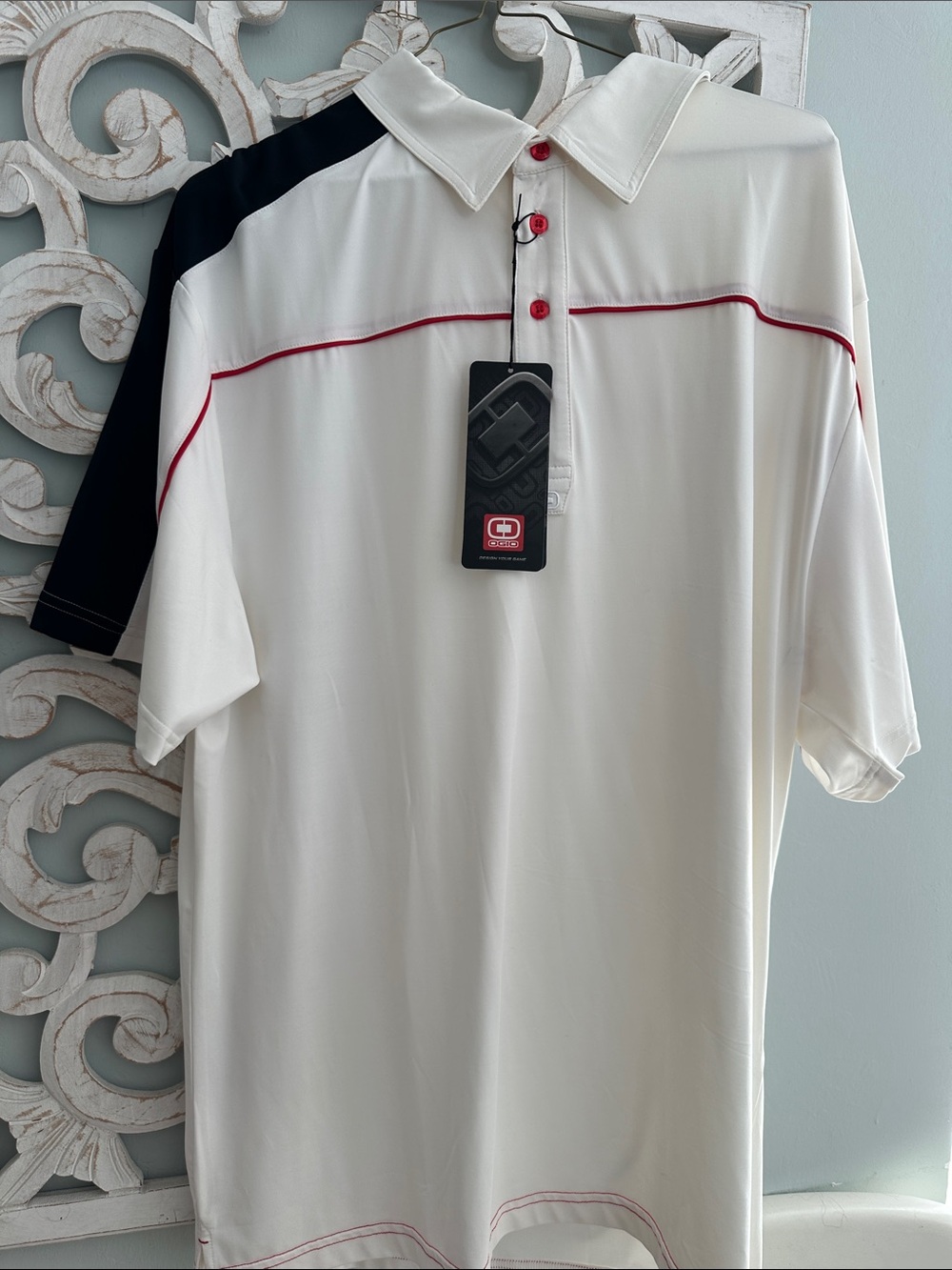 OGIO White Polo with Black Shoulder and Red Piping